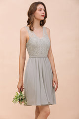 Affordable Lace V-Neck Silver Chiffon Short Bridesmaid Dress Online-Babyonlines