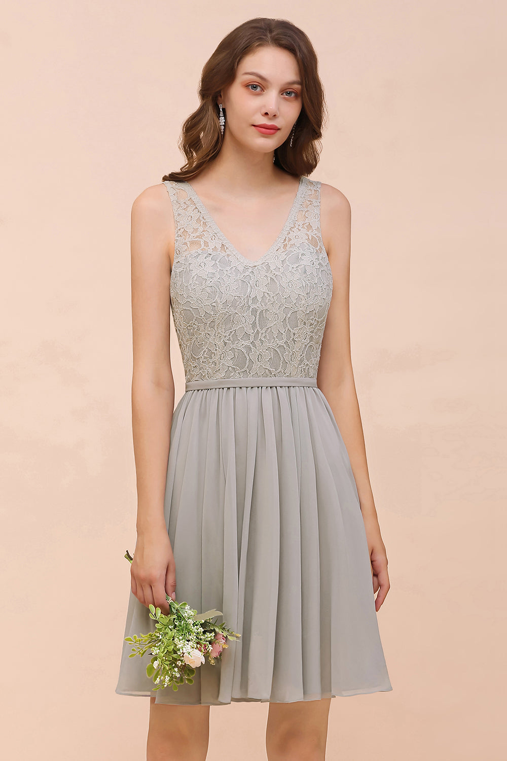 Affordable Lace V-Neck Silver Chiffon Short Bridesmaid Dress Online-Babyonlines