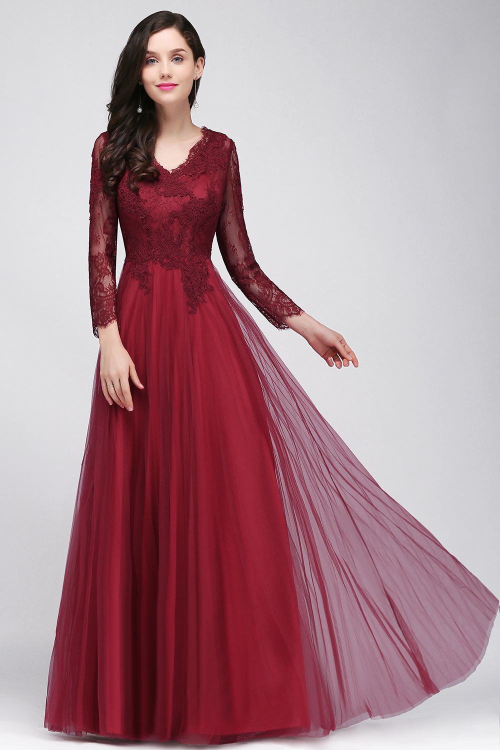 Affordable Long Sleeves V-Neck Lace Burgundy Bridesmaid Dresses with Appliques-Babyonlines