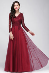 Affordable Long Sleeves V-Neck Lace Burgundy Bridesmaid Dresses with Appliques-Babyonlines