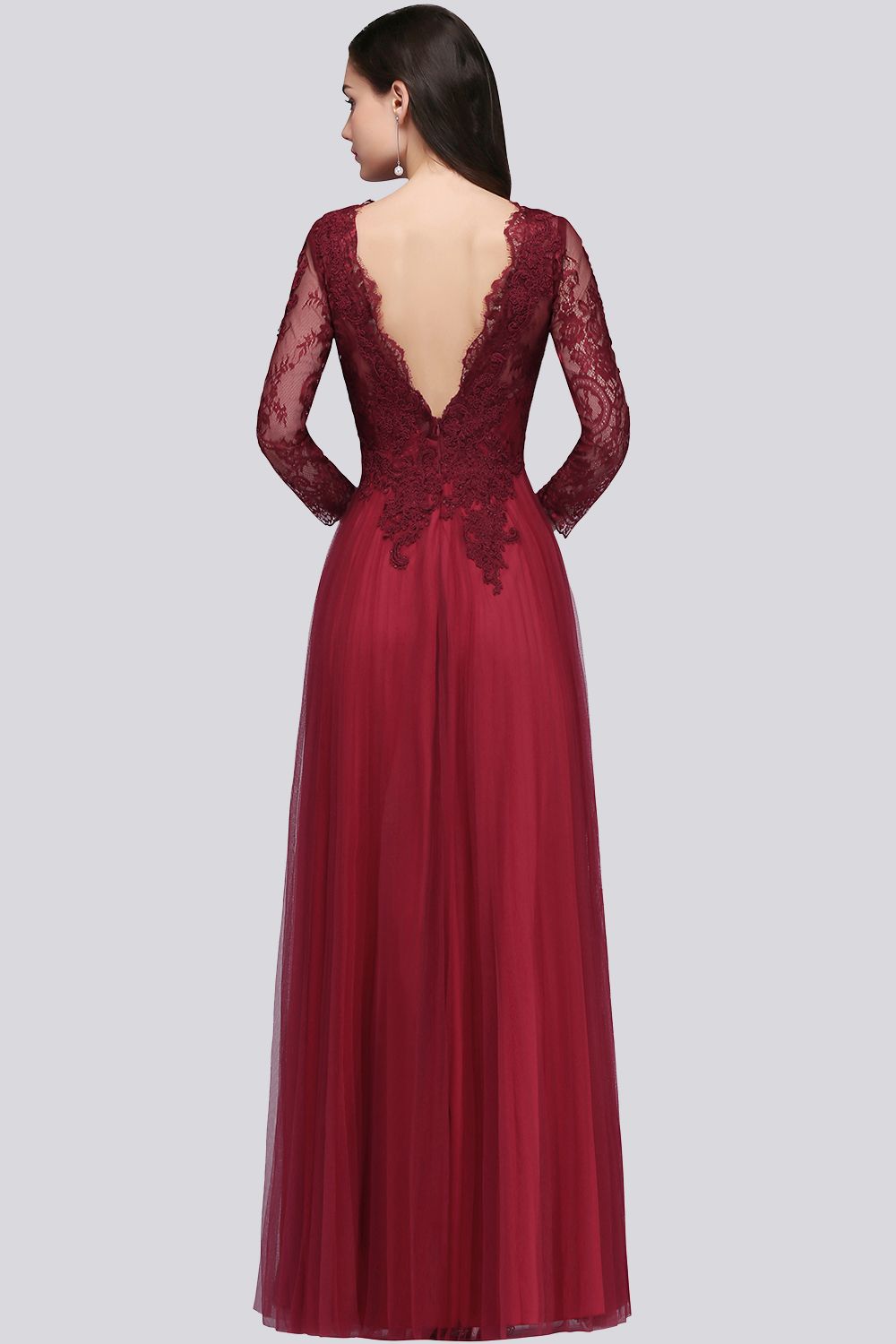 Affordable Long Sleeves V-Neck Lace Burgundy Bridesmaid Dresses with Appliques-Babyonlines