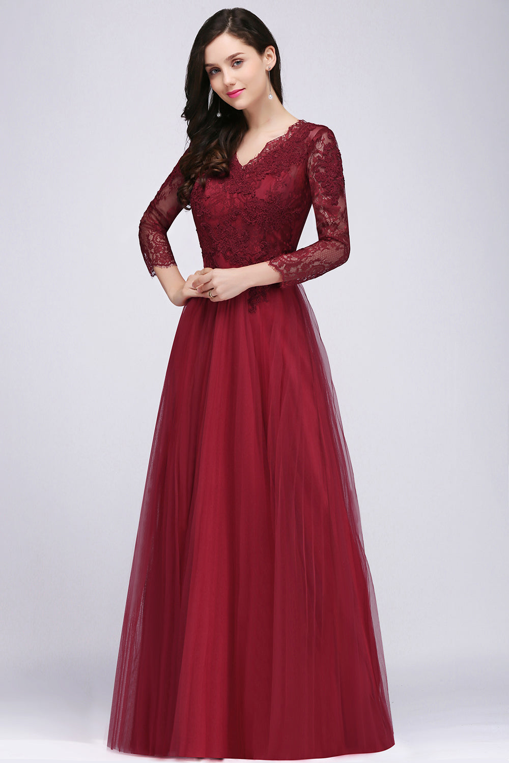 Affordable Long Sleeves V-Neck Lace Burgundy Bridesmaid Dresses with Appliques-Babyonlines
