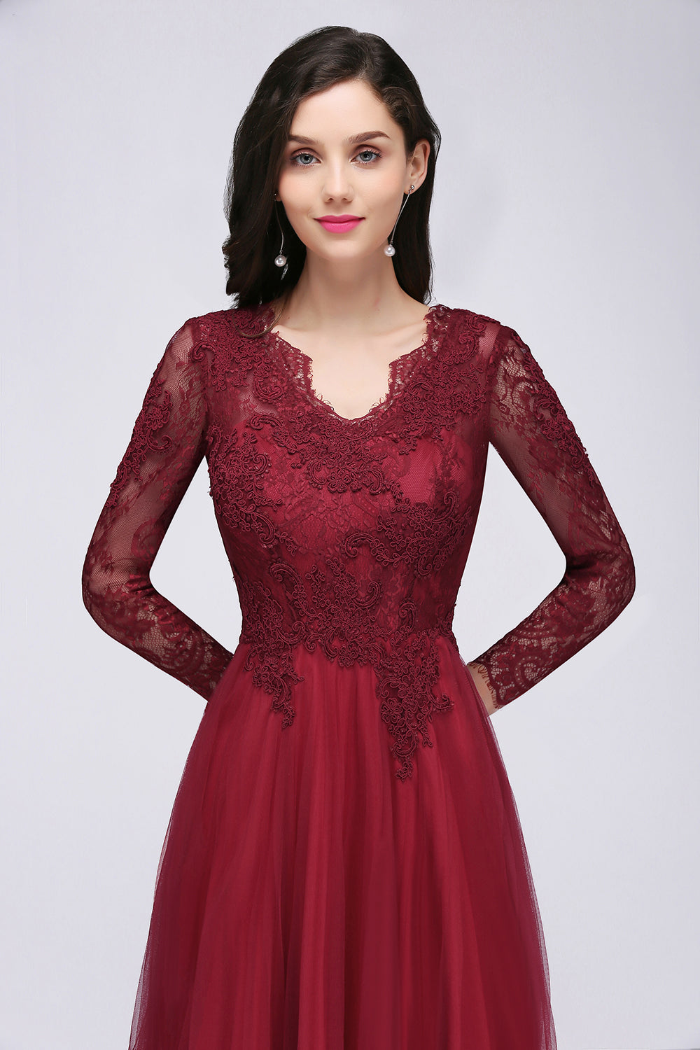 Affordable Long Sleeves V-Neck Lace Burgundy Bridesmaid Dresses with Appliques-Babyonlines