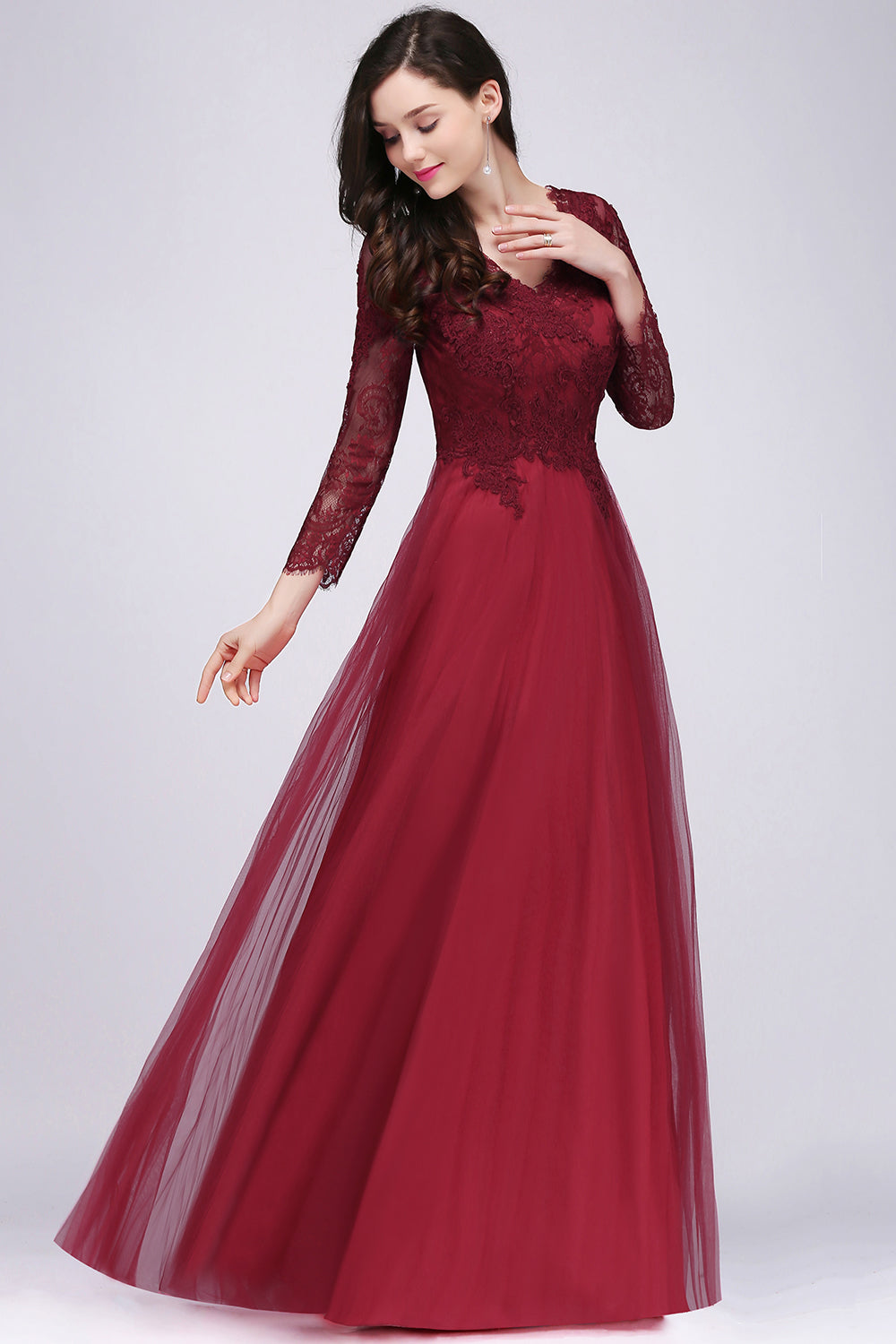 Affordable Long Sleeves V-Neck Lace Burgundy Bridesmaid Dresses with Appliques-Babyonlines