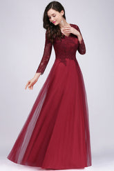 Affordable Long Sleeves V-Neck Lace Burgundy Bridesmaid Dresses with Appliques-Babyonlines