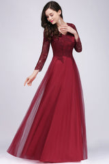 Affordable Long Sleeves V-Neck Lace Burgundy Bridesmaid Dresses with Appliques-Babyonlines