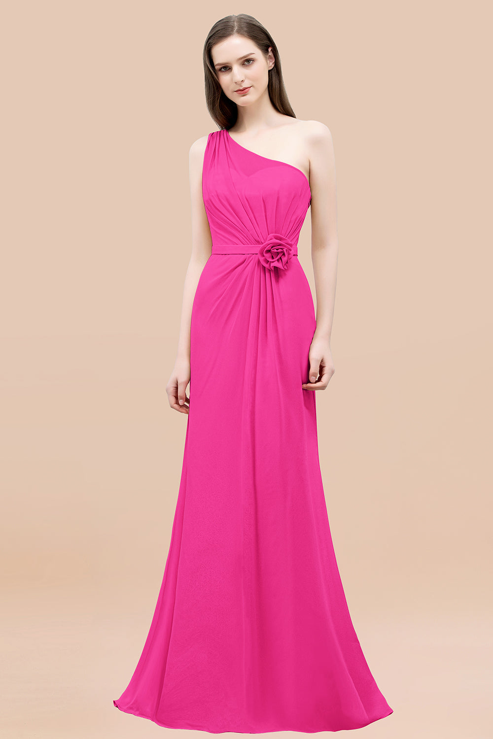 Affordable Mermaid One shoulder Pink Bridesmaid Dresses with Flowers-Babyonlines