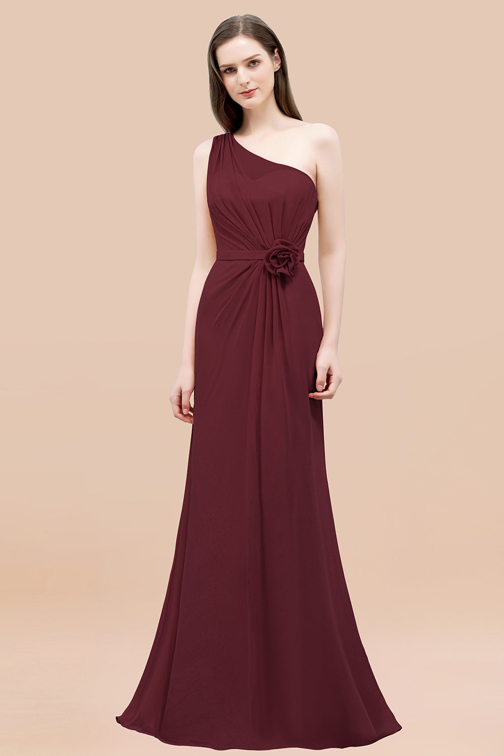 Affordable Mermaid One shoulder Pink Bridesmaid Dresses with Flowers-Babyonlines