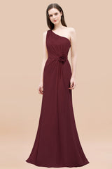 Affordable Mermaid One shoulder Pink Bridesmaid Dresses with Flowers-Babyonlines