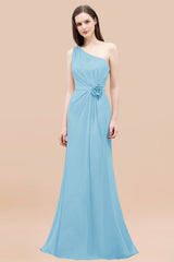 Affordable Mermaid One shoulder Pink Bridesmaid Dresses with Flowers-Babyonlines