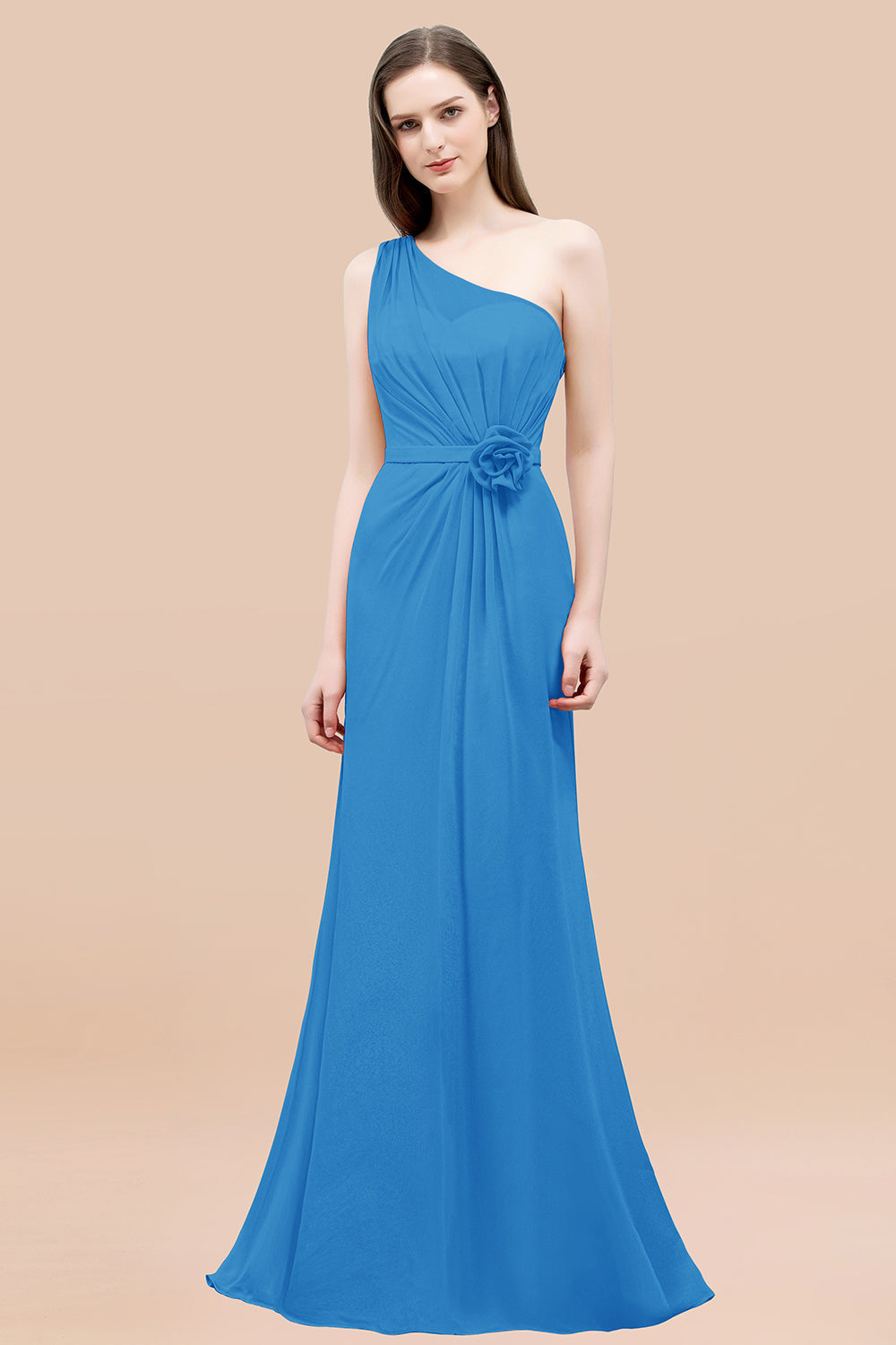 Affordable Mermaid One shoulder Pink Bridesmaid Dresses with Flowers-Babyonlines