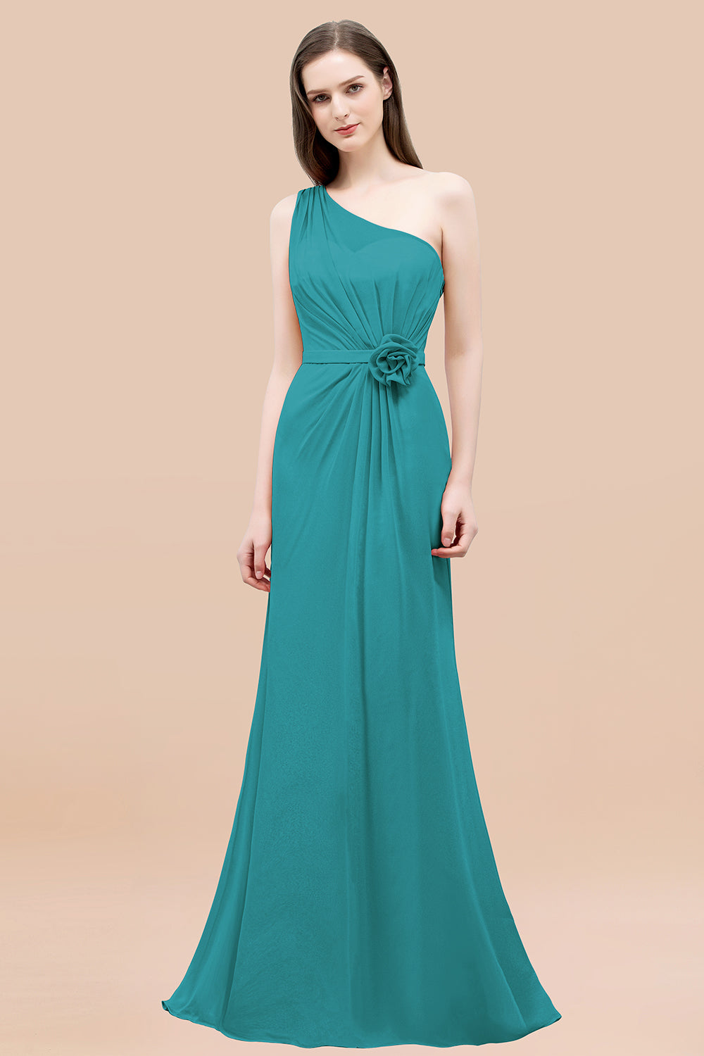 Affordable Mermaid One shoulder Pink Bridesmaid Dresses with Flowers-Babyonlines