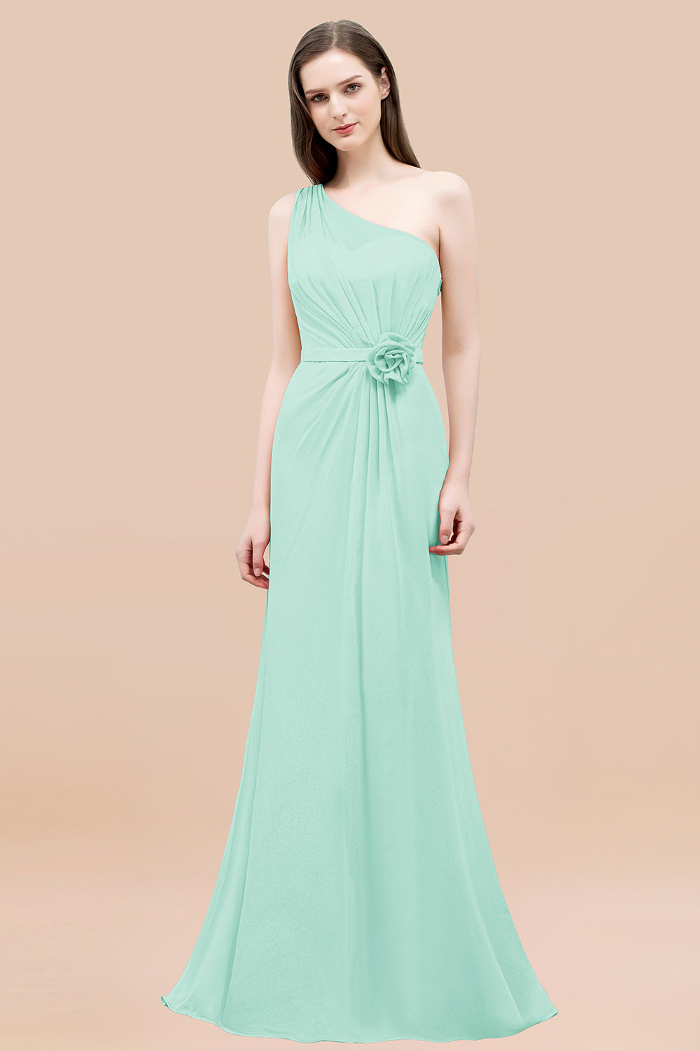 Affordable Mermaid One shoulder Pink Bridesmaid Dresses with Flowers-Babyonlines