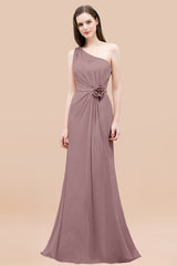 Affordable Mermaid One shoulder Pink Bridesmaid Dresses with Flowers-Babyonlines