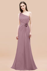 Affordable Mermaid One shoulder Pink Bridesmaid Dresses with Flowers-Babyonlines