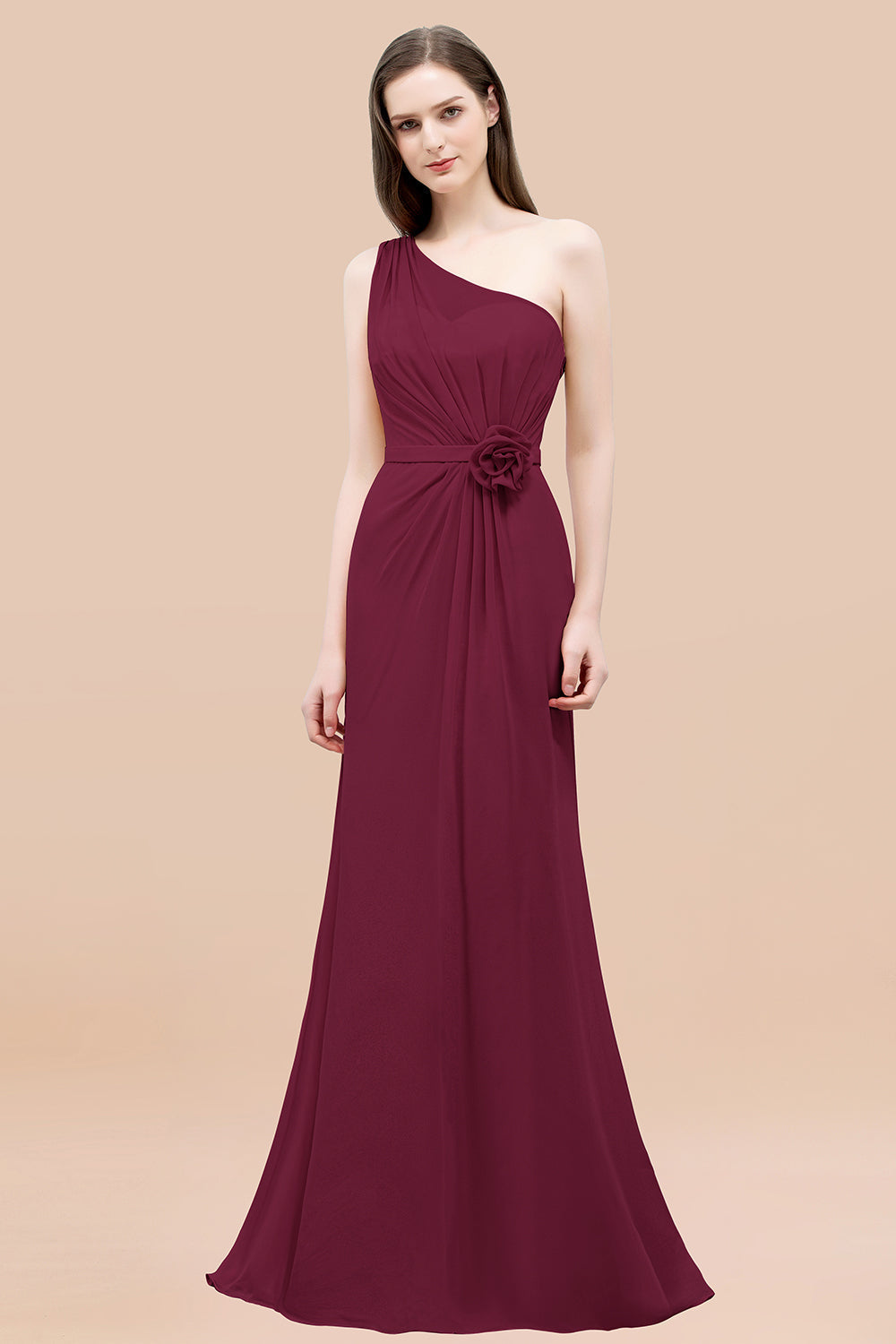 Affordable Mermaid One shoulder Pink Bridesmaid Dresses with Flowers-Babyonlines