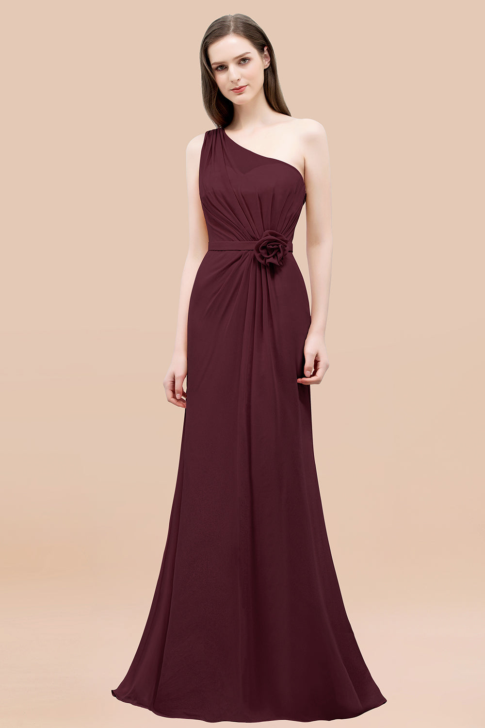 Affordable Mermaid One shoulder Pink Bridesmaid Dresses with Flowers-Babyonlines