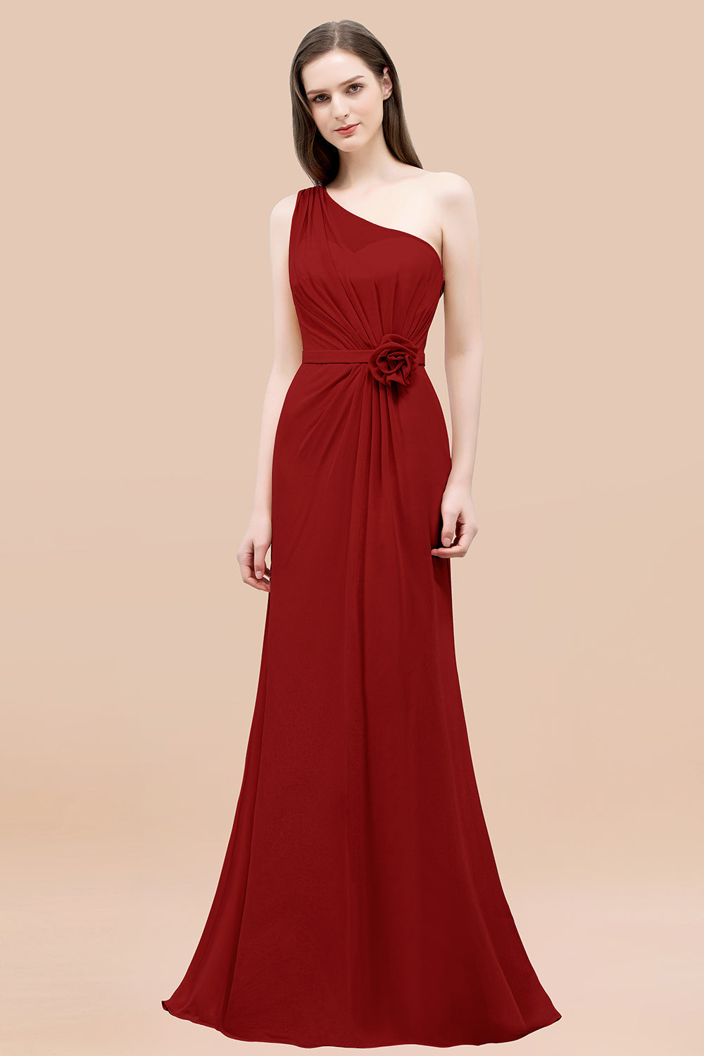 Affordable Mermaid One shoulder Pink Bridesmaid Dresses with Flowers-Babyonlines