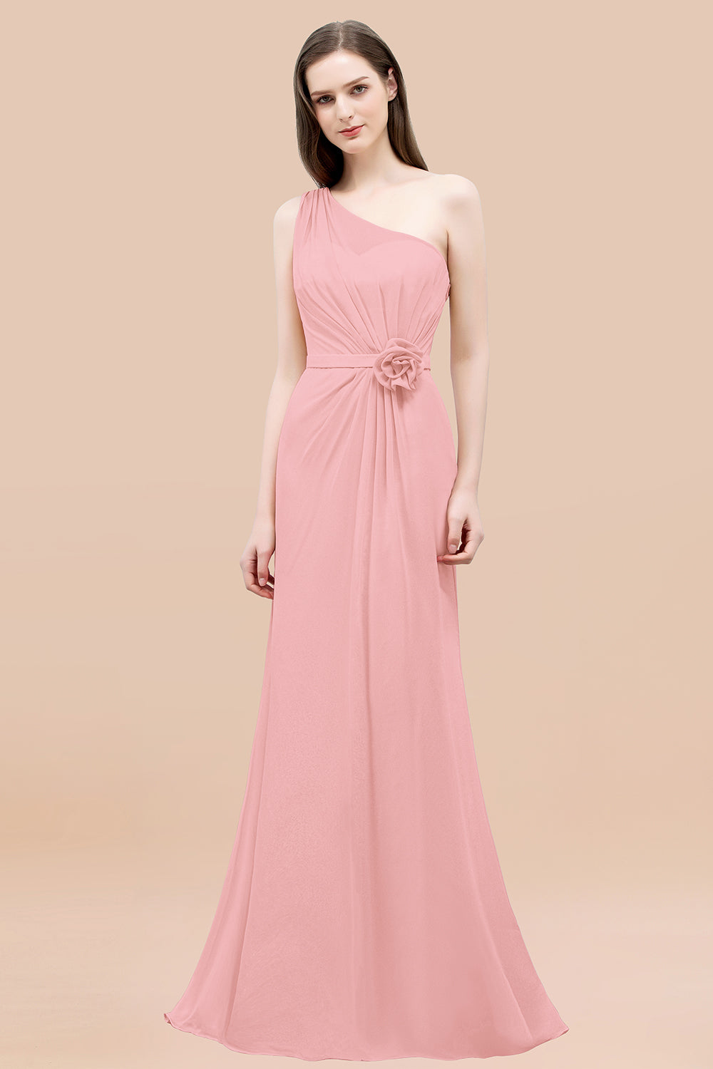 Affordable Mermaid One shoulder Pink Bridesmaid Dresses with Flowers-Babyonlines