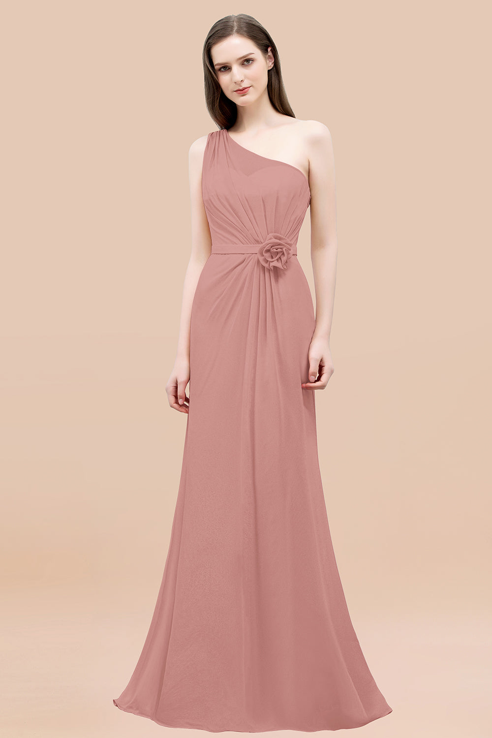 Affordable Mermaid One shoulder Pink Bridesmaid Dresses with Flowers-Babyonlines