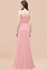 Affordable Mermaid One shoulder Pink Bridesmaid Dresses with Flowers-Babyonlines