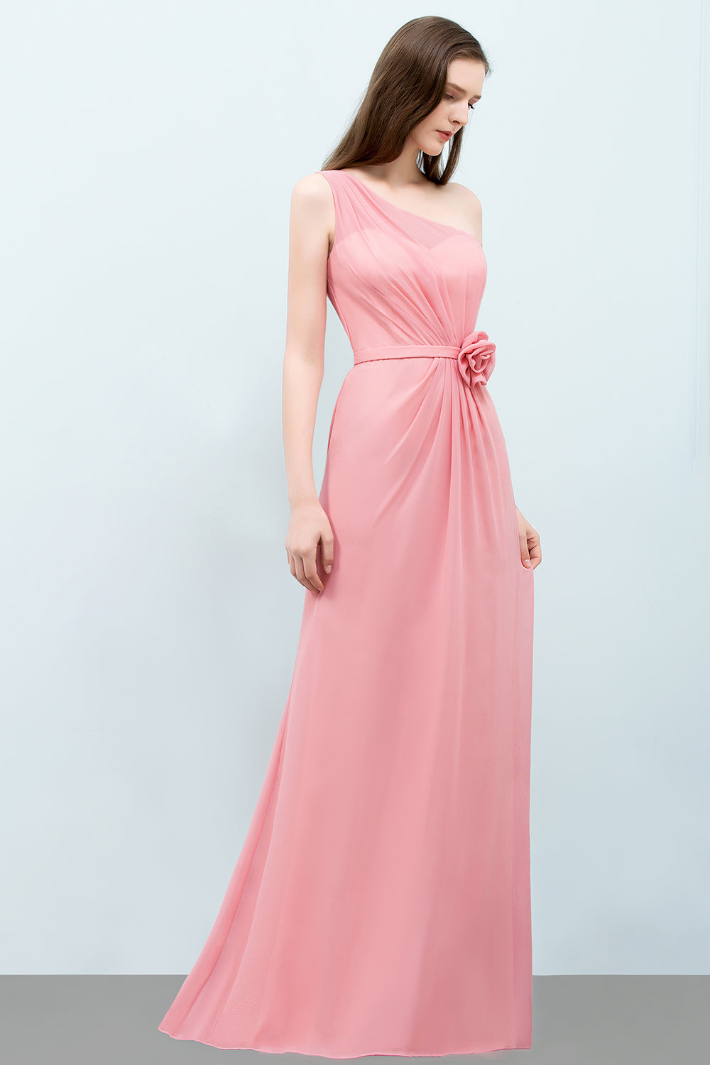 Affordable Mermaid One shoulder Pink Bridesmaid Dresses with Flowers-Babyonlines