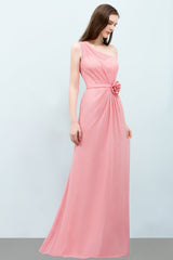 Affordable Mermaid One shoulder Pink Bridesmaid Dresses with Flowers-Babyonlines