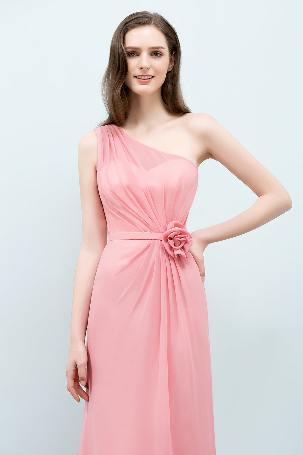 Affordable Mermaid One shoulder Pink Bridesmaid Dresses with Flowers-Babyonlines