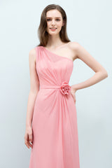 Affordable Mermaid One shoulder Pink Bridesmaid Dresses with Flowers-Babyonlines