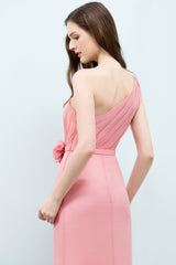 Affordable Mermaid One shoulder Pink Bridesmaid Dresses with Flowers-Babyonlines
