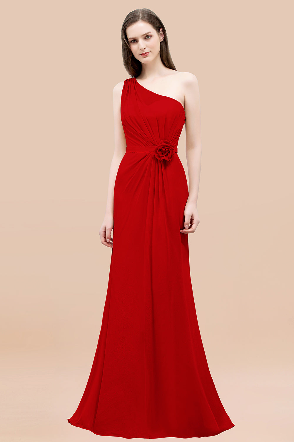 Affordable Mermaid One shoulder Pink Bridesmaid Dresses with Flowers-Babyonlines