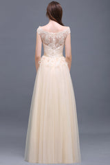 Affordable Off-the-Shoulder Champagne Bridesmaid Dresses with Appliques-Babyonlines