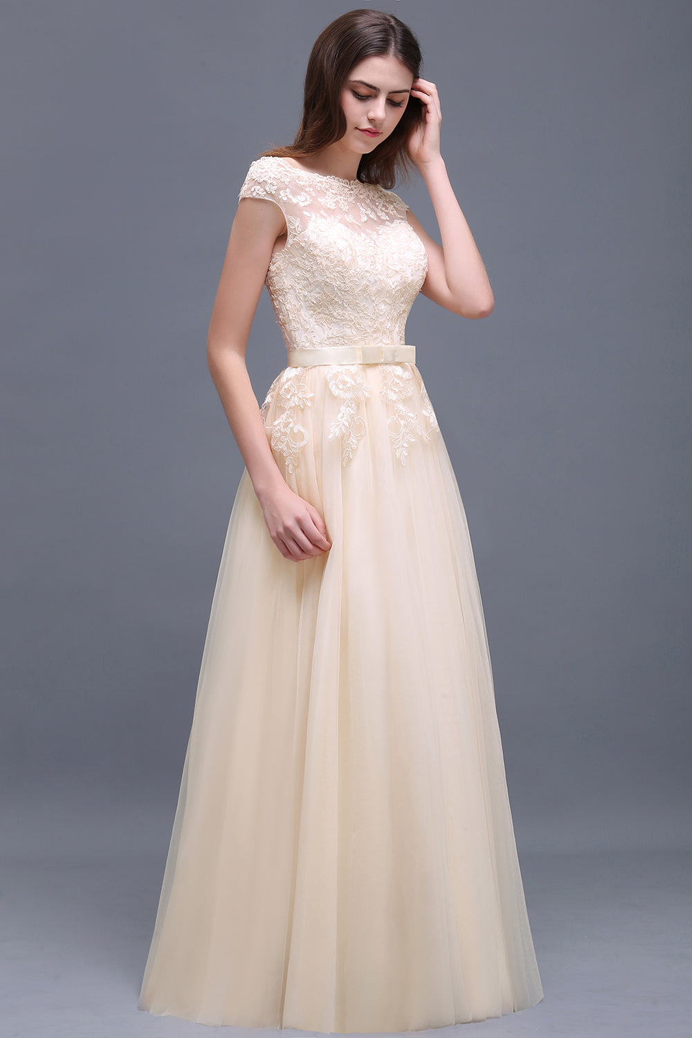 Affordable Off-the-Shoulder Champagne Bridesmaid Dresses with Appliques-Babyonlines