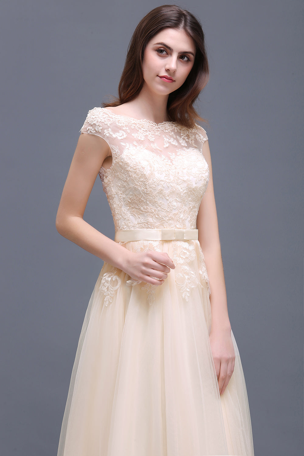 Affordable Off-the-Shoulder Champagne Bridesmaid Dresses with Appliques-Babyonlines