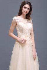 Affordable Off-the-Shoulder Champagne Bridesmaid Dresses with Appliques-Babyonlines