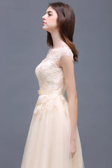 Affordable Off-the-Shoulder Champagne Bridesmaid Dresses with Appliques-Babyonlines