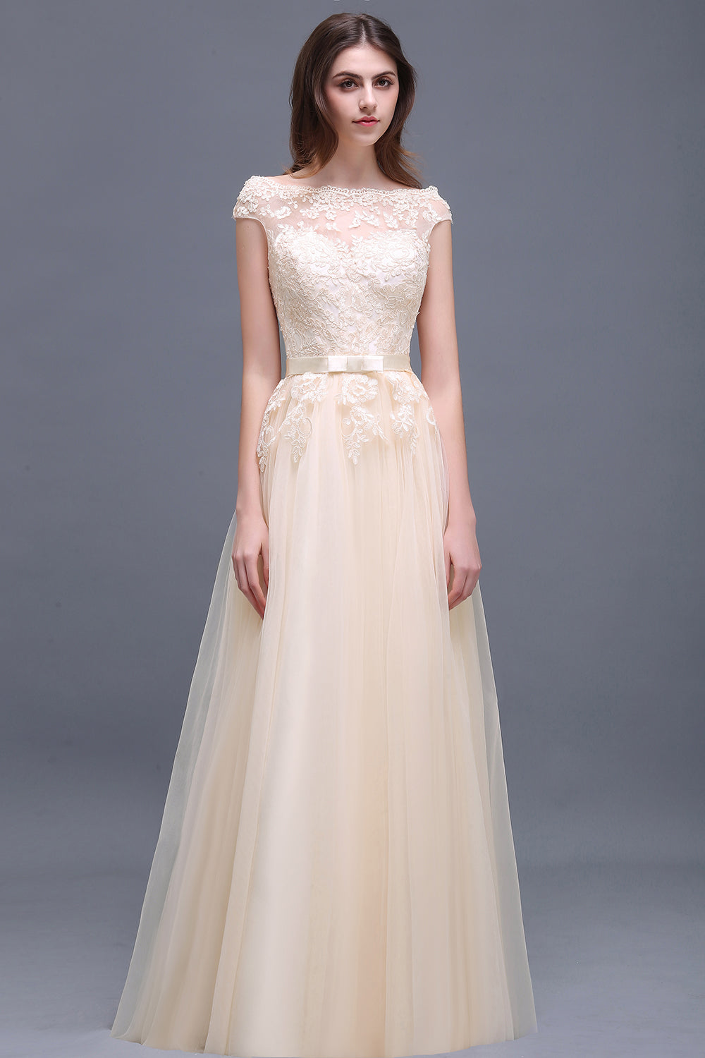 Affordable Off-the-Shoulder Champagne Bridesmaid Dresses with Appliques-Babyonlines