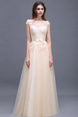Affordable Off-the-Shoulder Champagne Bridesmaid Dresses with Appliques-Babyonlines