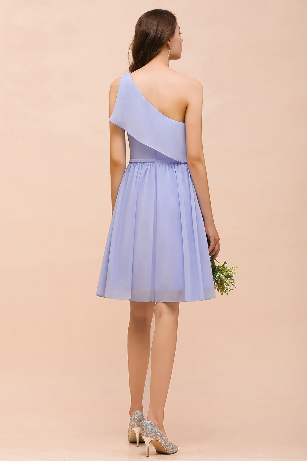 Affordable One Shoulder Ruffle Lavender Chiffon Short Bridesmaid Dress-Babyonlines
