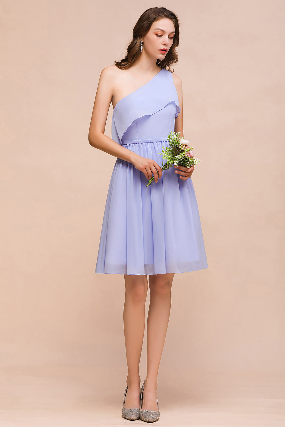 Affordable One Shoulder Ruffle Lavender Chiffon Short Bridesmaid Dress-Babyonlines