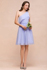 Affordable One Shoulder Ruffle Lavender Chiffon Short Bridesmaid Dress-Babyonlines