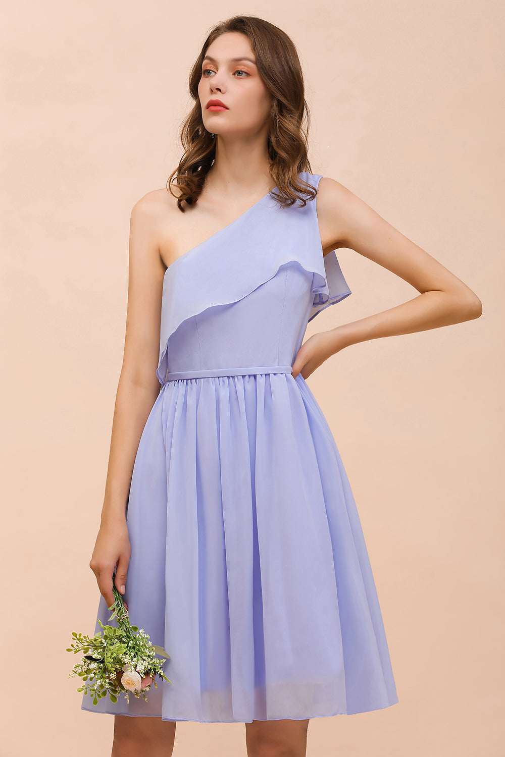 Affordable One Shoulder Ruffle Lavender Chiffon Short Bridesmaid Dress-Babyonlines