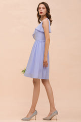 Affordable One Shoulder Ruffle Lavender Chiffon Short Bridesmaid Dress-Babyonlines