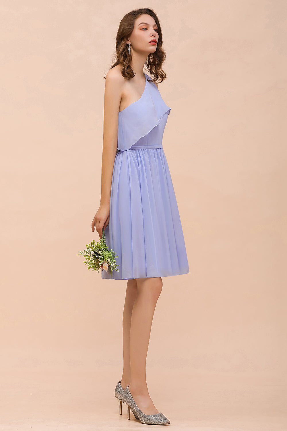 Affordable One Shoulder Ruffle Lavender Chiffon Short Bridesmaid Dress-Babyonlines