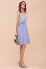 Affordable One Shoulder Ruffle Lavender Chiffon Short Bridesmaid Dress-Babyonlines