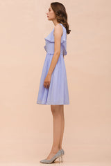 Affordable One Shoulder Ruffle Lavender Chiffon Short Bridesmaid Dress-Babyonlines