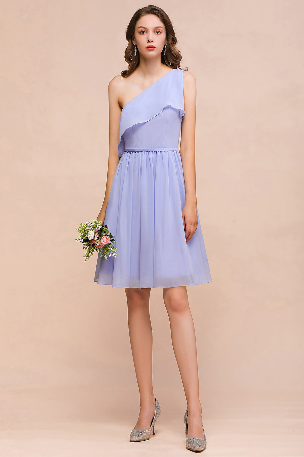 Affordable One Shoulder Ruffle Lavender Chiffon Short Bridesmaid Dress-Babyonlines