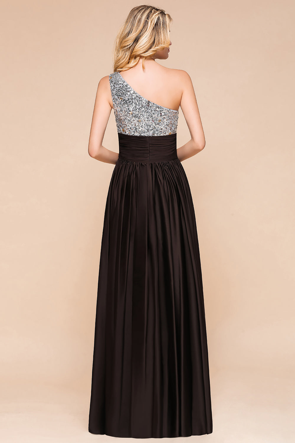 Affordable One Shoulder Sequins Long Bridesmaid Dresses with Ruffle-Babyonlines