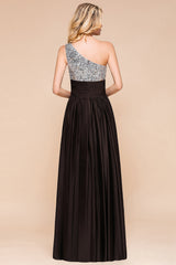 Affordable One Shoulder Sequins Long Bridesmaid Dresses with Ruffle-Babyonlines