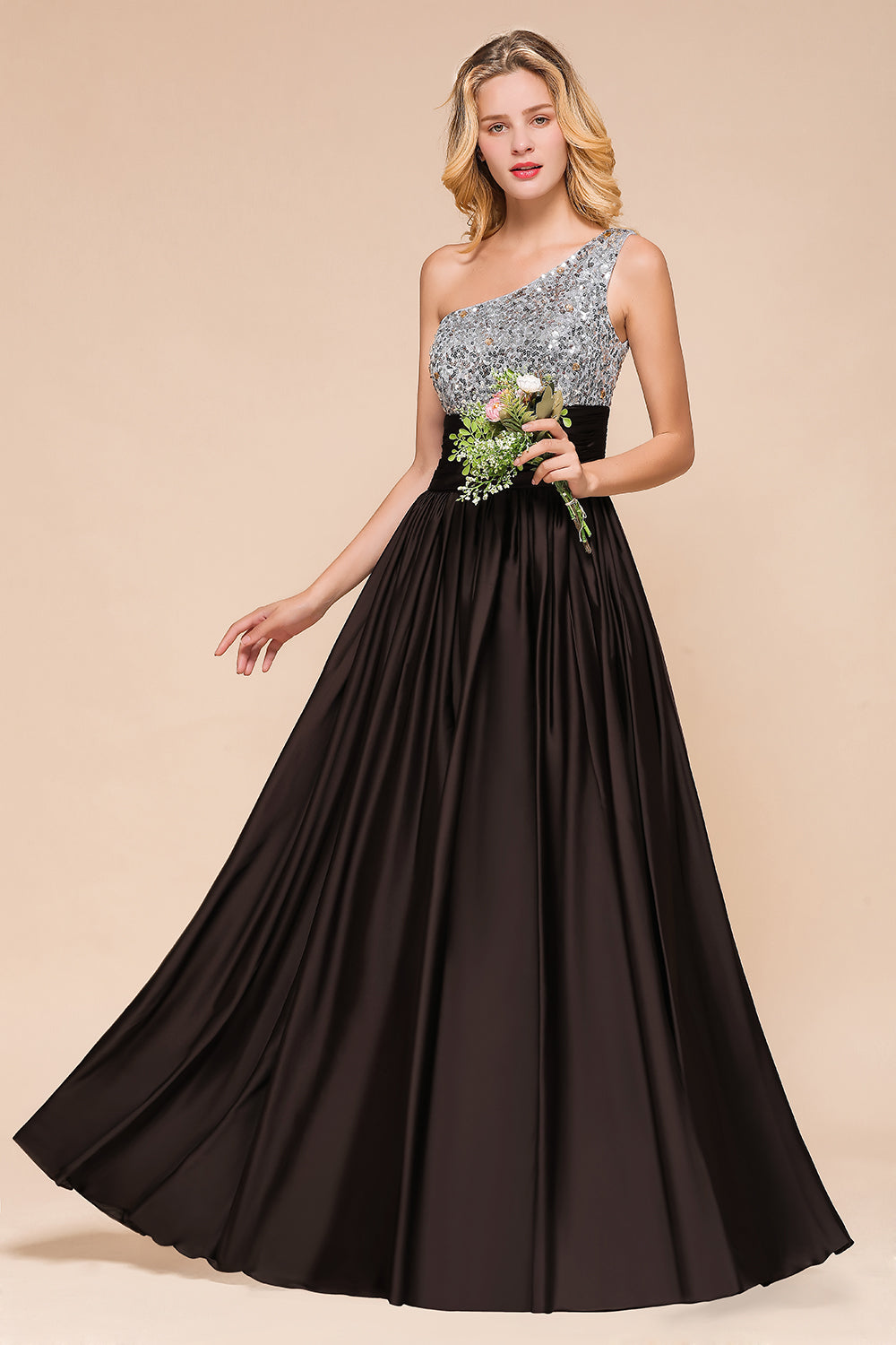 Affordable One Shoulder Sequins Long Bridesmaid Dresses with Ruffle-Babyonlines